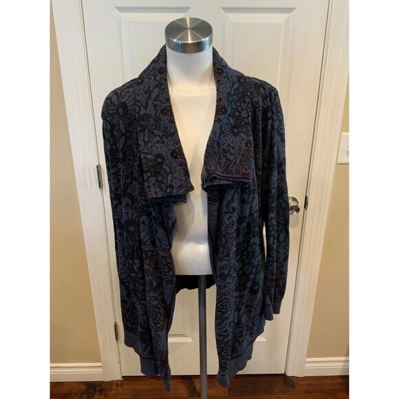 Desigual Dark Blue & Black Floral Cardigan W/ Hidden Hood, Size Medium - Picture 1 of 7